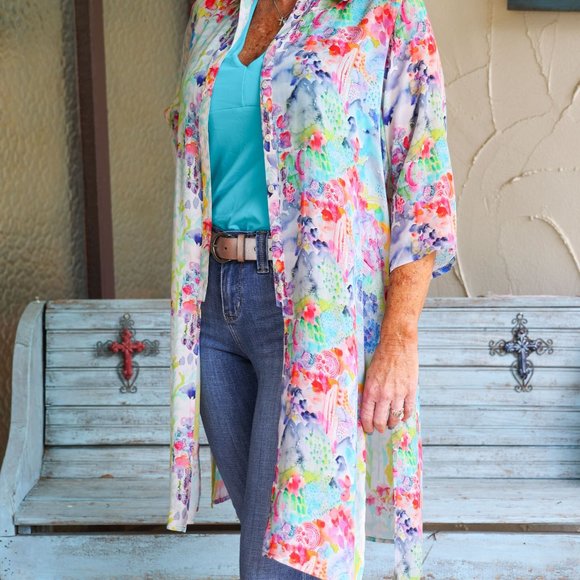 APNY Multi Colored Floral Button Down Long Top Or Kimono With Side Slits - Picture 3 of 4